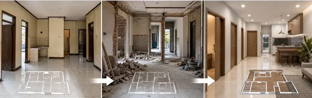 Proses renovasi pindah posisi ruangan di rumah tinggal