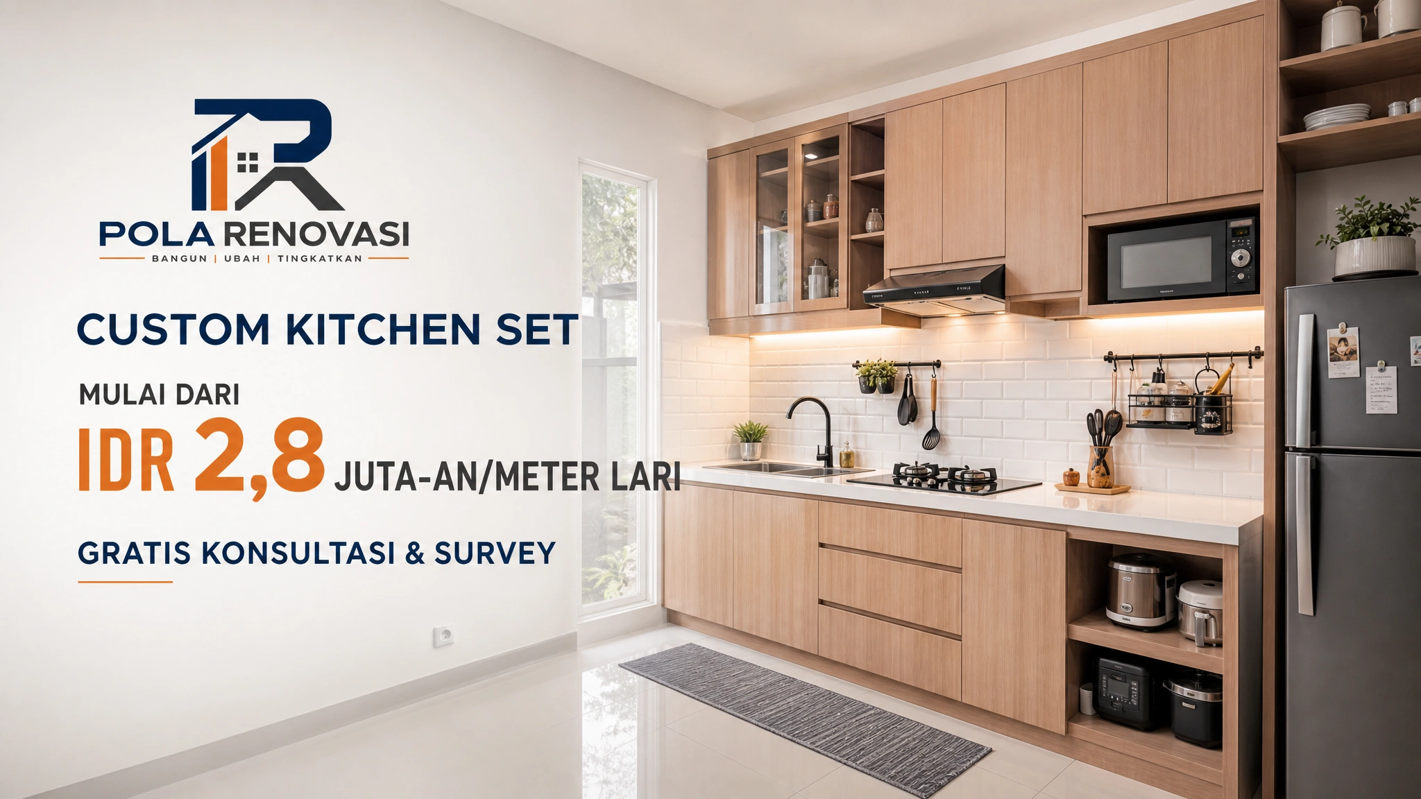 Promo custom kitchen set mulai dari IDR 2,8 juta-an per meter lari, gratis konsultasi dan survey